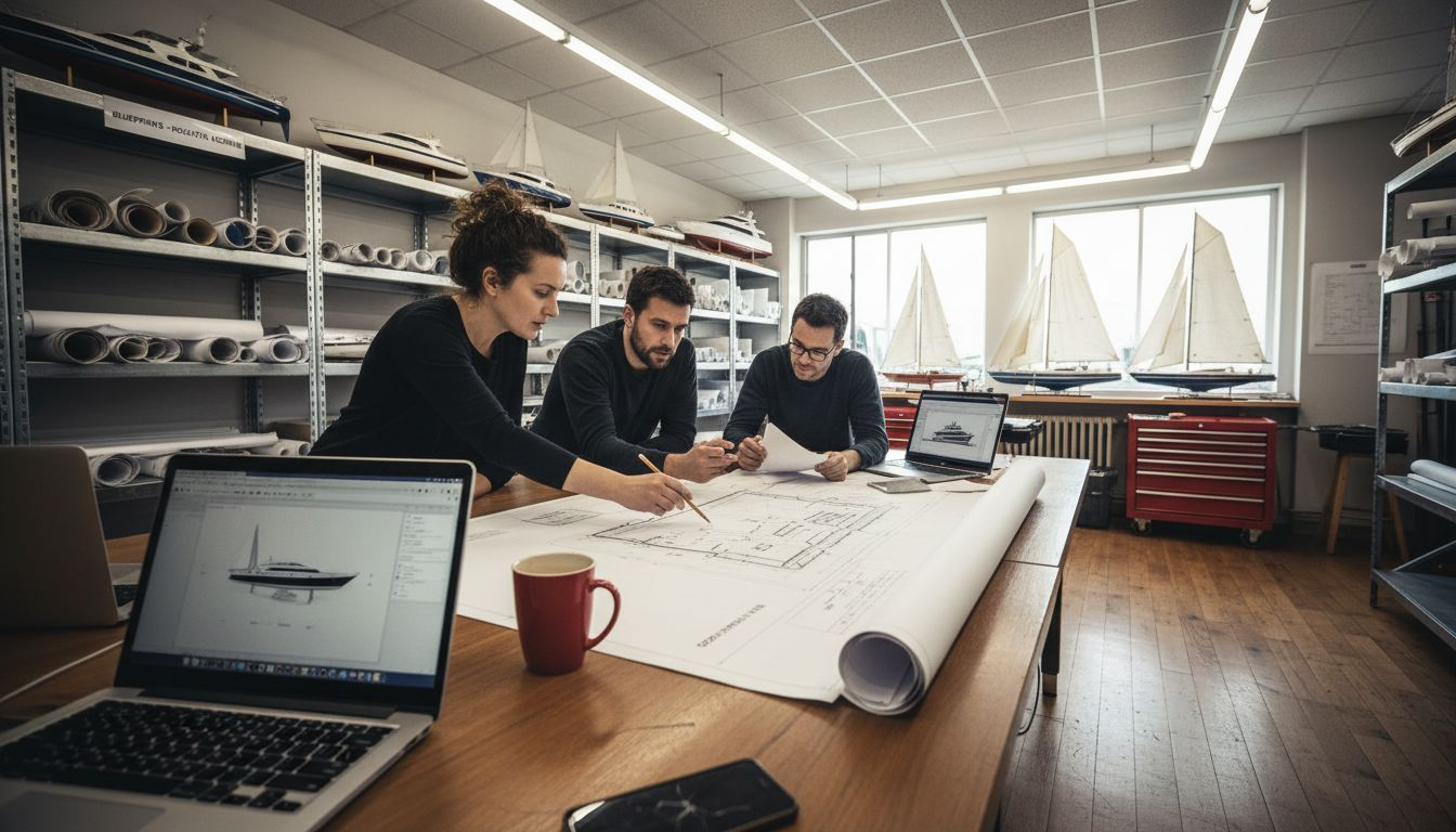 Yacht design team collaborating at table
