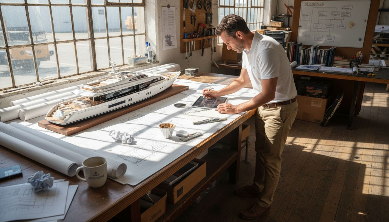 Yacht designer reviewing interior layout plans