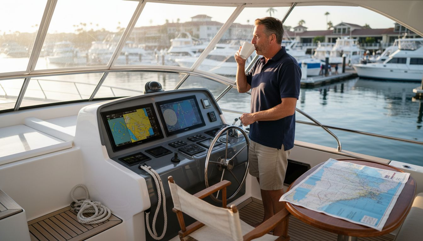 Captain at modern yacht marina morning