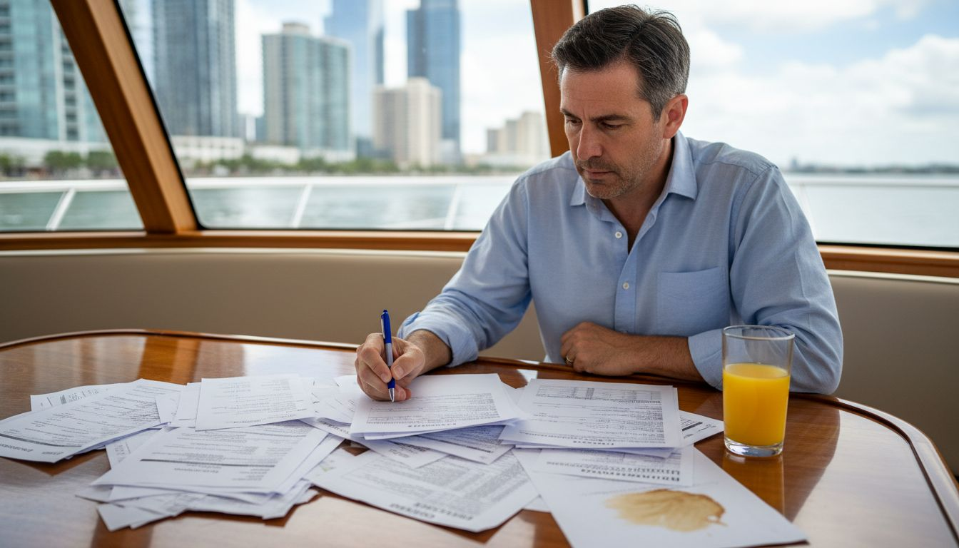 Yacht owner reviewing on-board finances