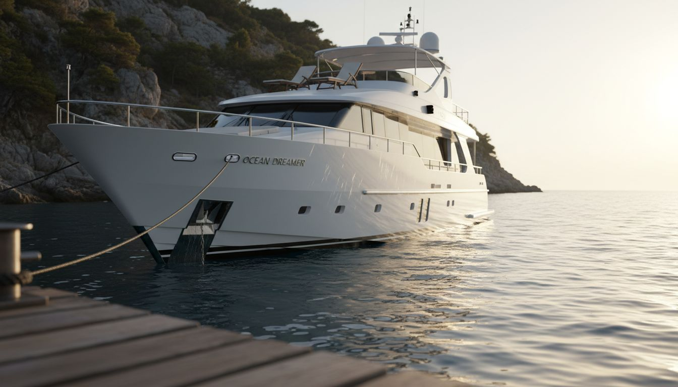 Luxurious superyacht docked at sunset