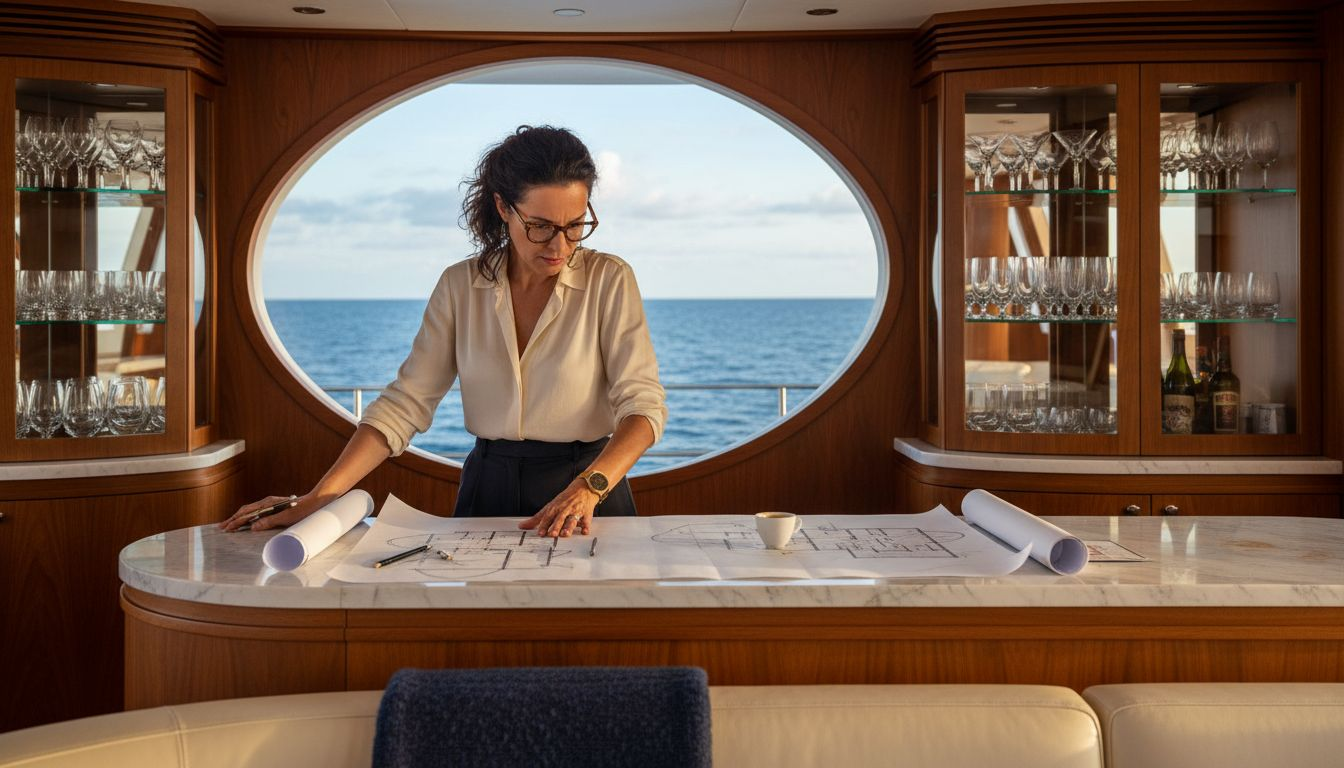 Superyacht designer reviewing plans onboard