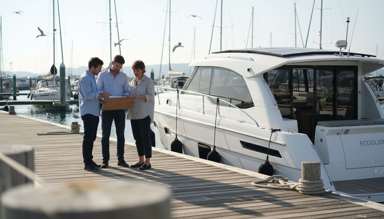 Designers reviewing sustainable yacht at dock