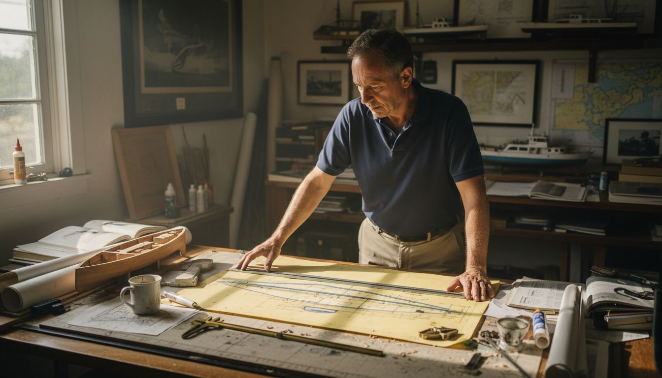 Designer reviewing yacht hull blueprint at table