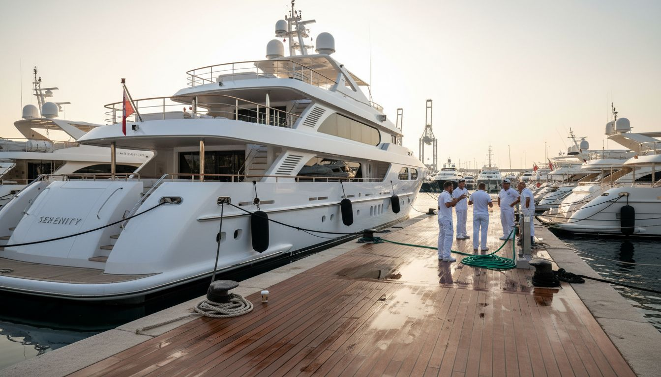 Luxury superyacht at Mediterranean dockfront