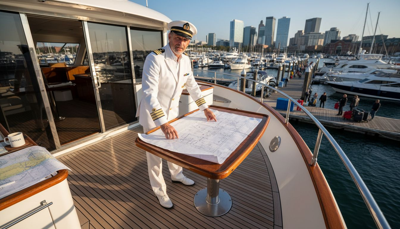 Yacht captain on deck with blueprints at sunrise