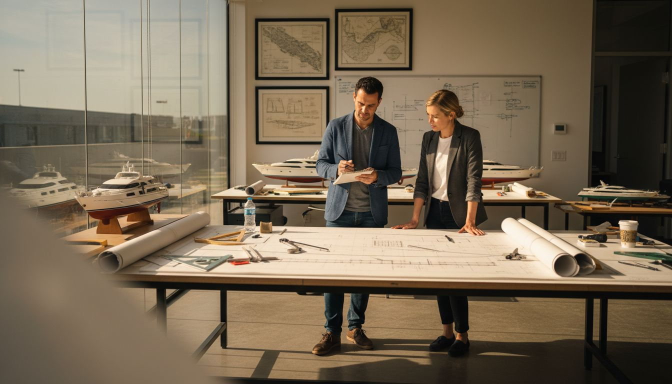 Yacht designers reviewing blueprints in studio