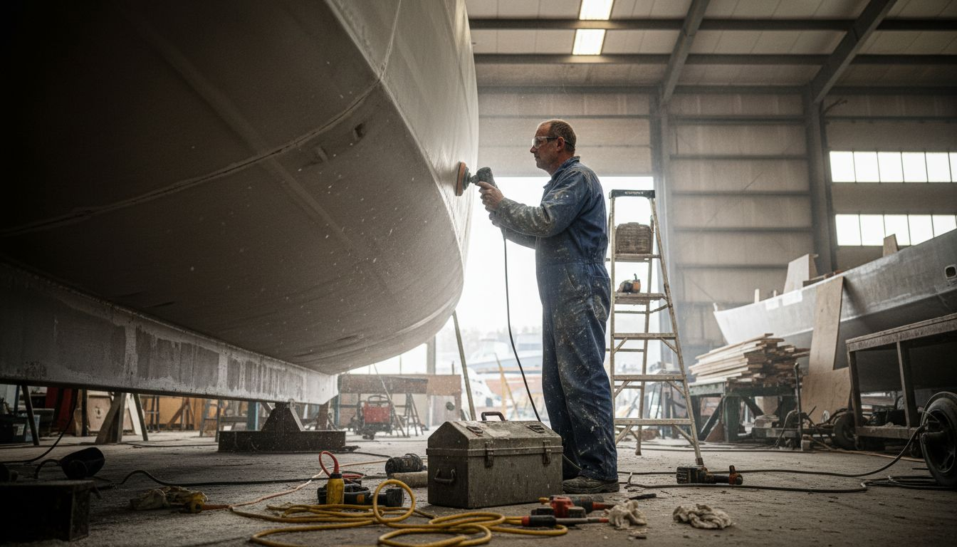 Boatbuilder working on yacht hull in shipyard