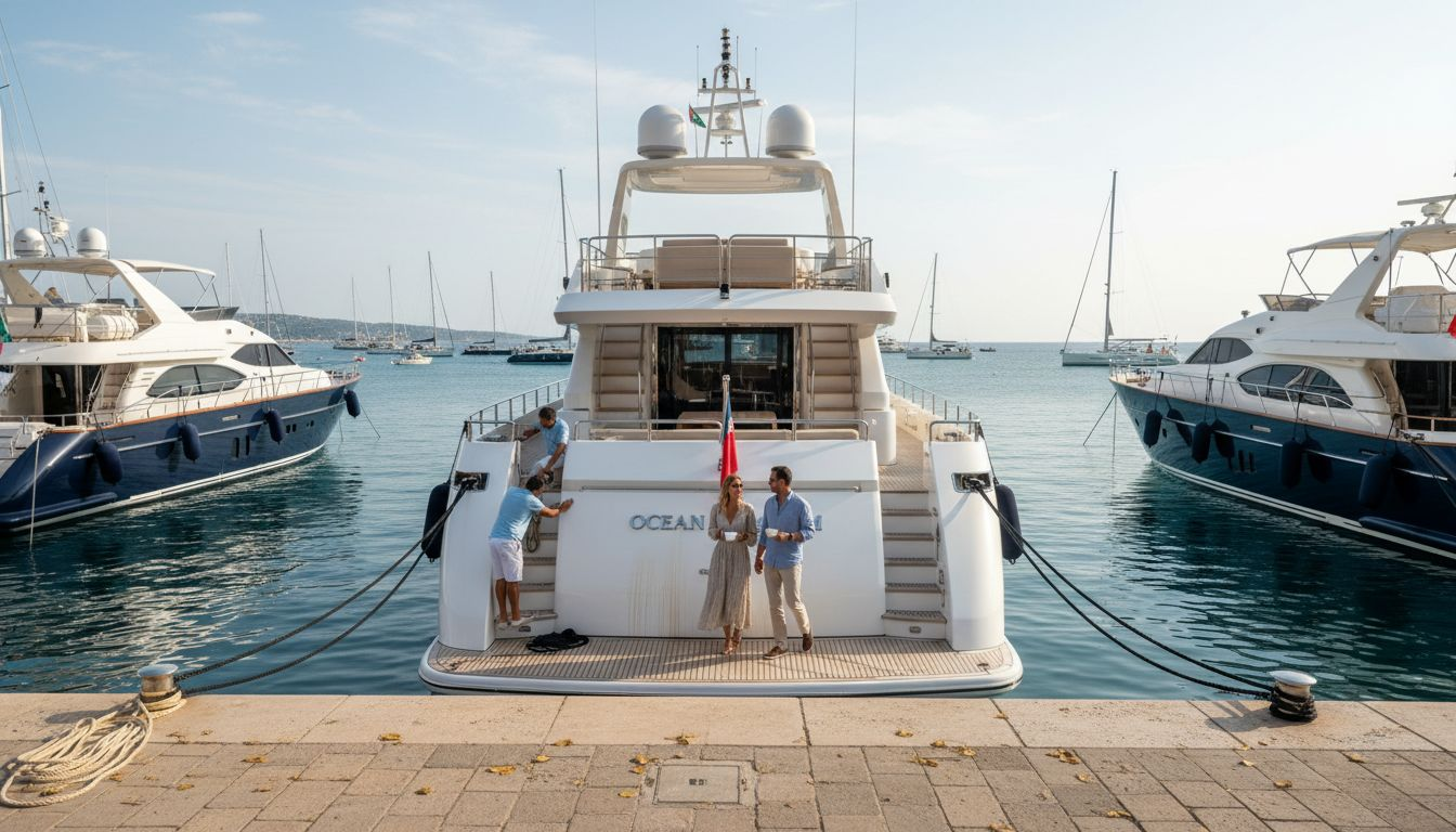 Luxury yacht docked at sunlit marina