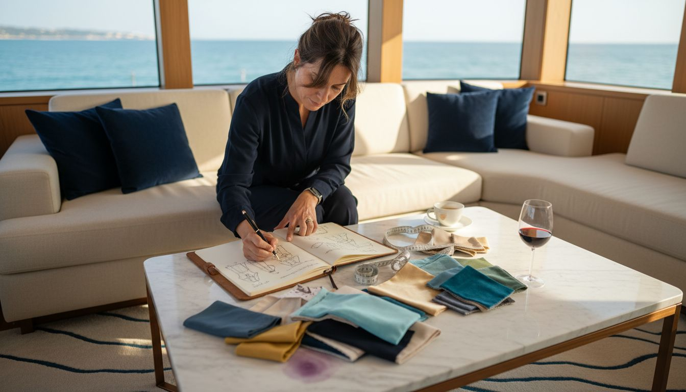 Yacht interior design with designer sketching