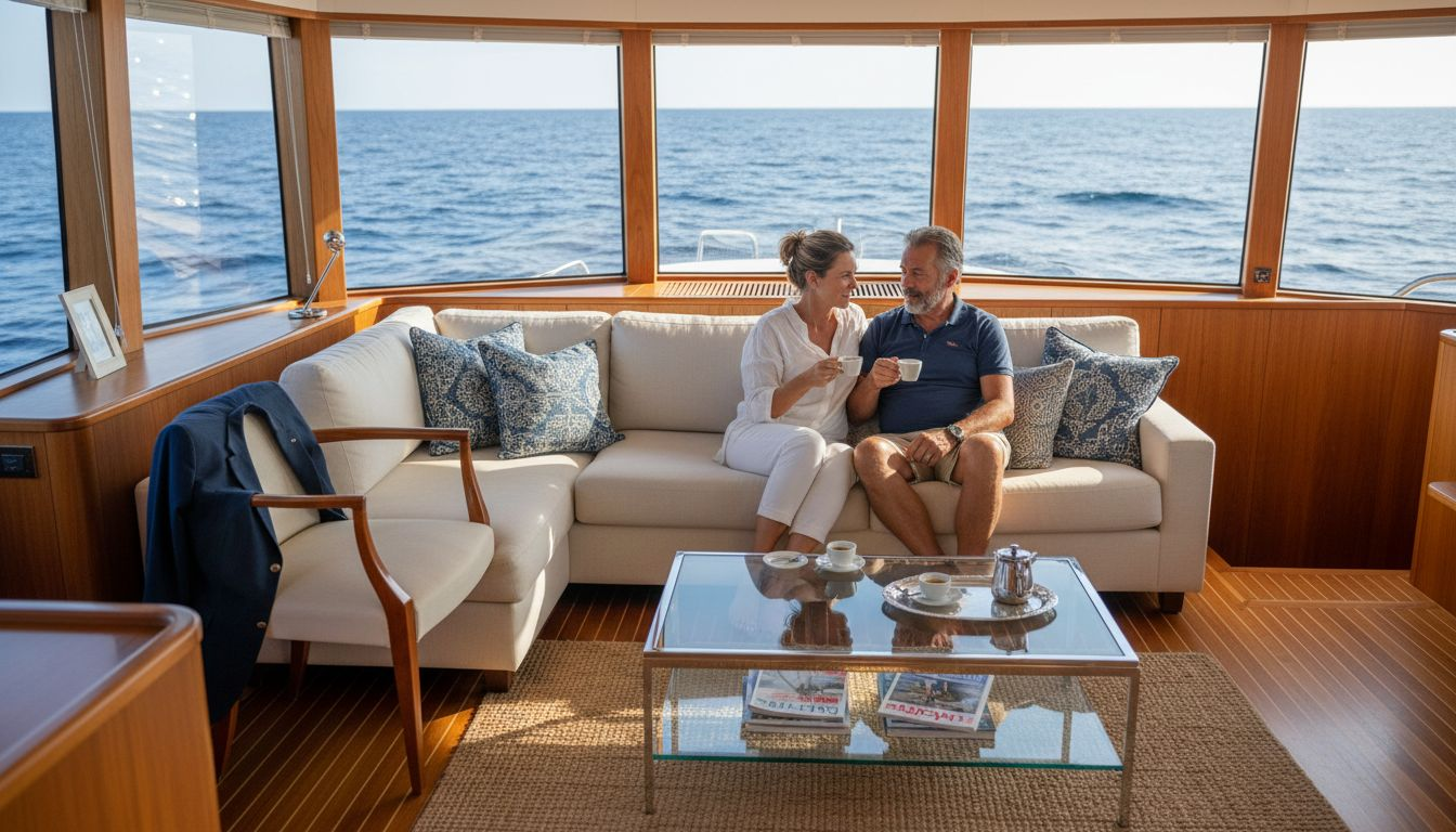 Elegant couple relax in luxury yacht salon