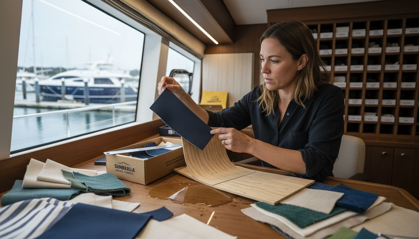 Yacht designer reviewing marine material samples