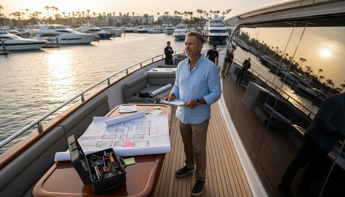 Yacht designer planning on luxury vessel deck