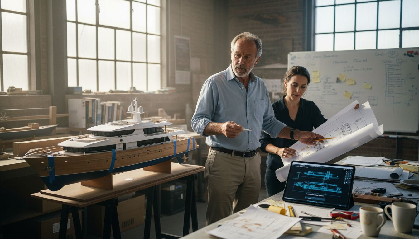 Naval architect reviewing yacht model with team