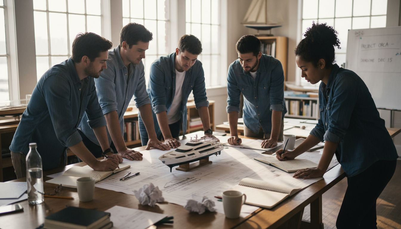 Yacht designers meeting around blueprint table