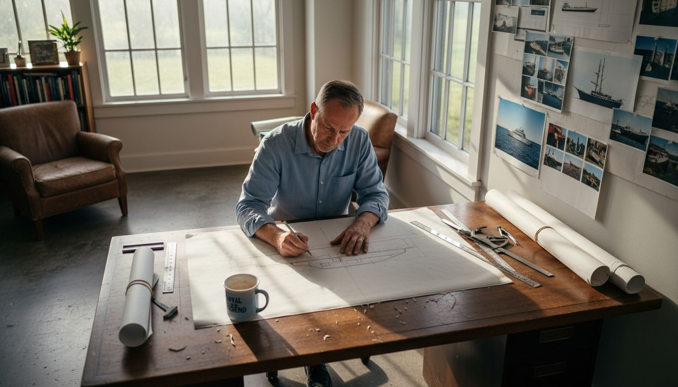 Architect sketching yacht blueprints in studio