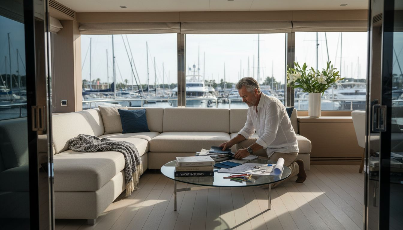 Yacht designer reviews materials in modern yacht salon
