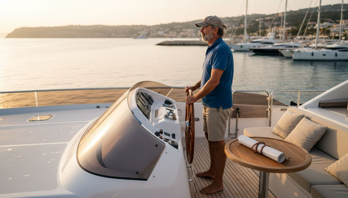 Luxury yacht and captain at sunset