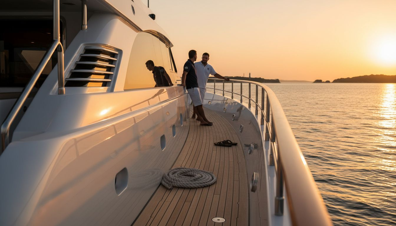 Luxury yacht exterior at sunset on water