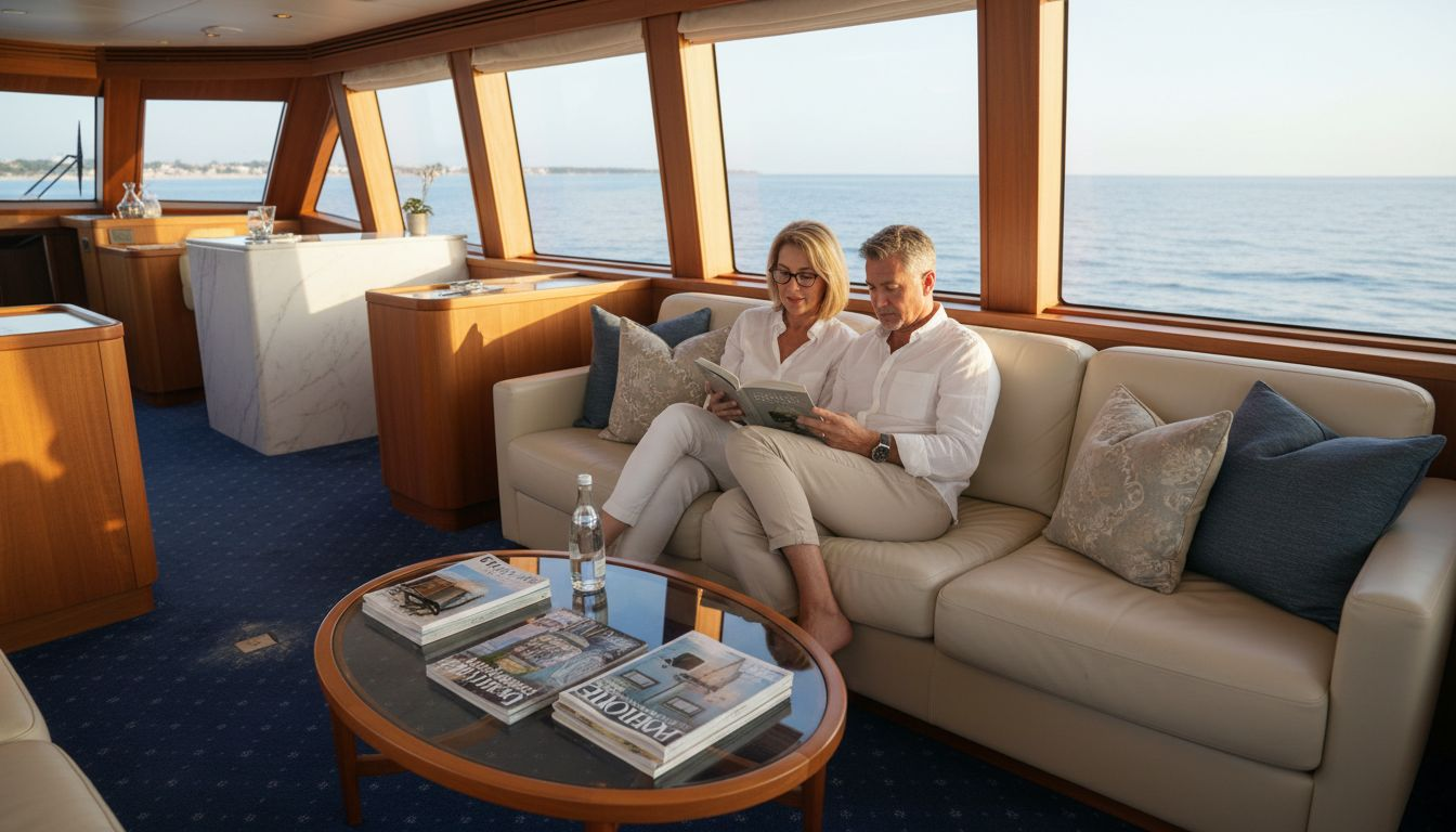 Elegant yacht lounge with couple reading