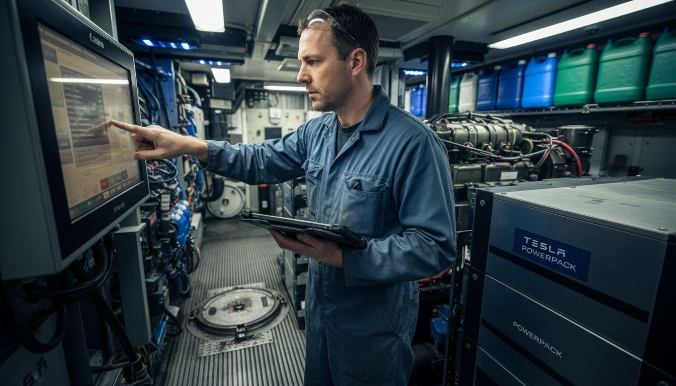 Engineer checks hybrid yacht engine systems