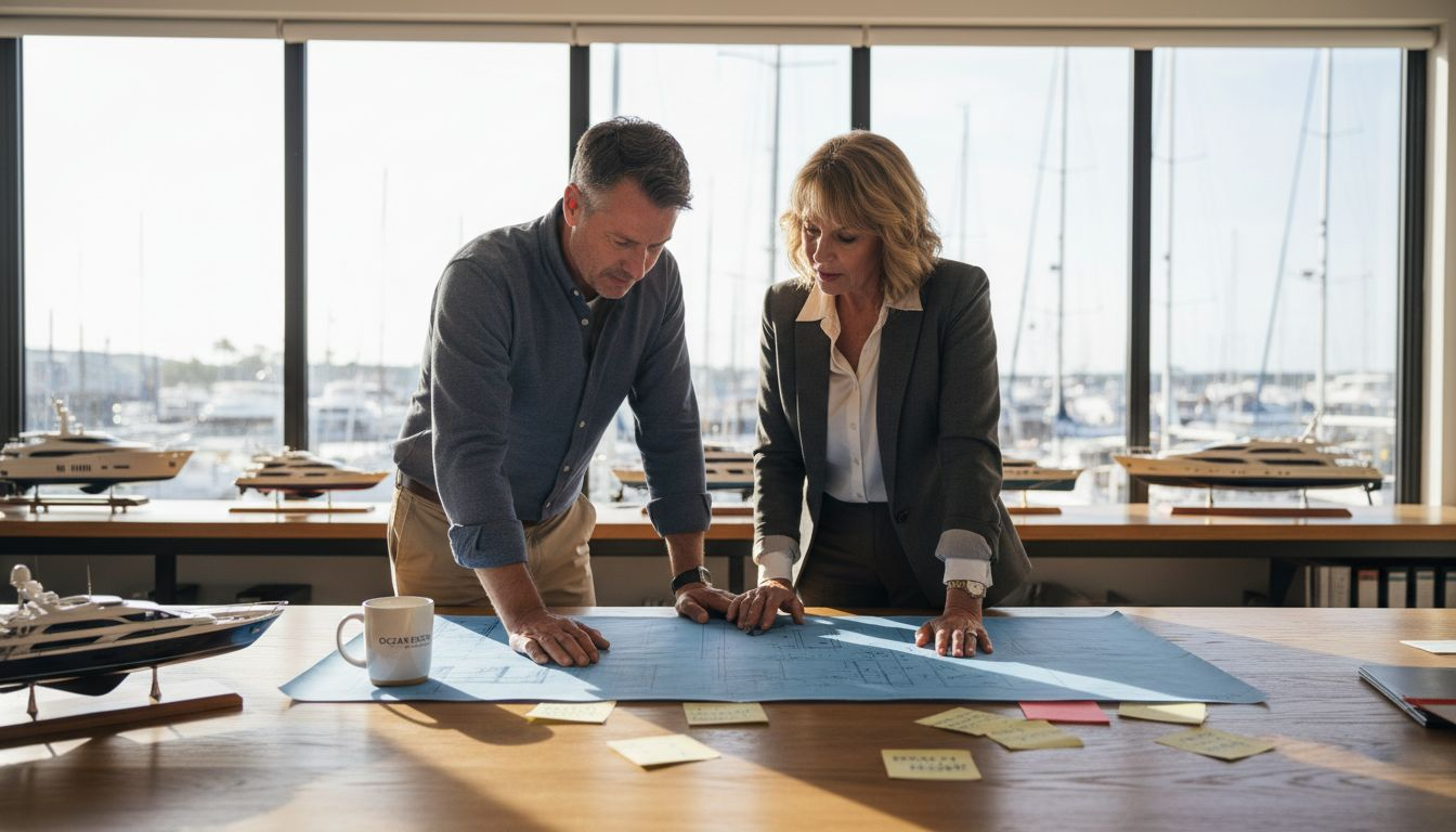 Naval architect and owner review yacht blueprints