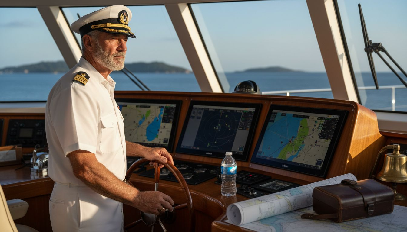 Yacht captain at helm on luxury vessel bridge