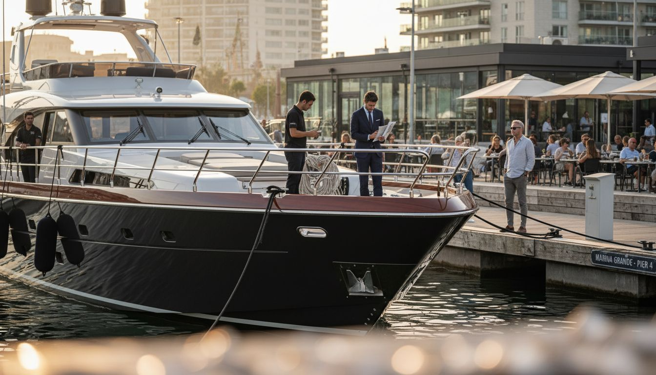 Sleek yacht at busy modern marina