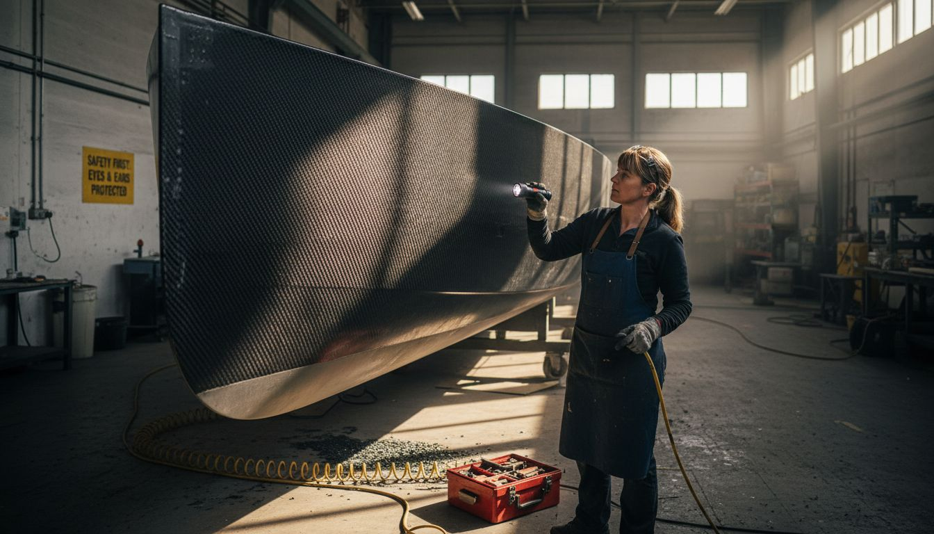 Technician inspecting carbon fiber yacht hull