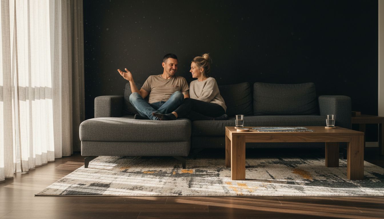 Couple in modern living room with black wall