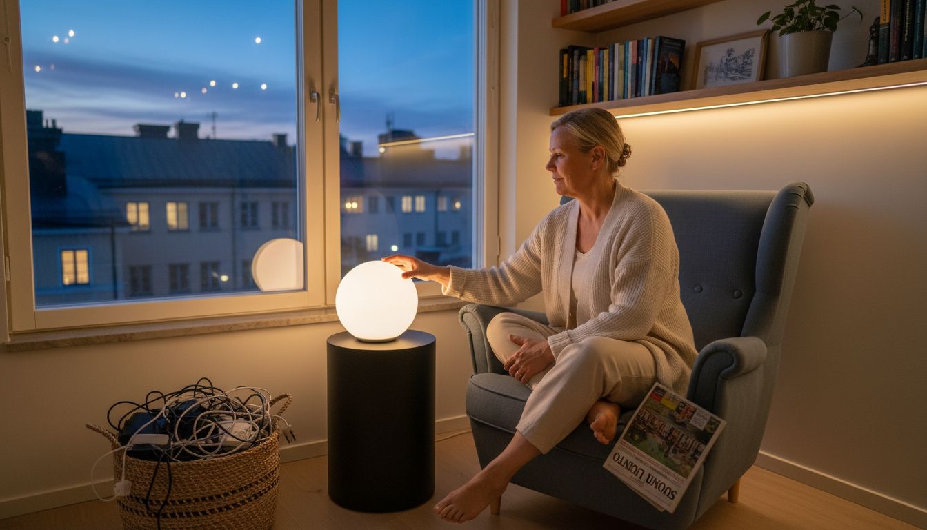 Nainen säätää lukunurkkauksen älyvaloja mieleisekseen.