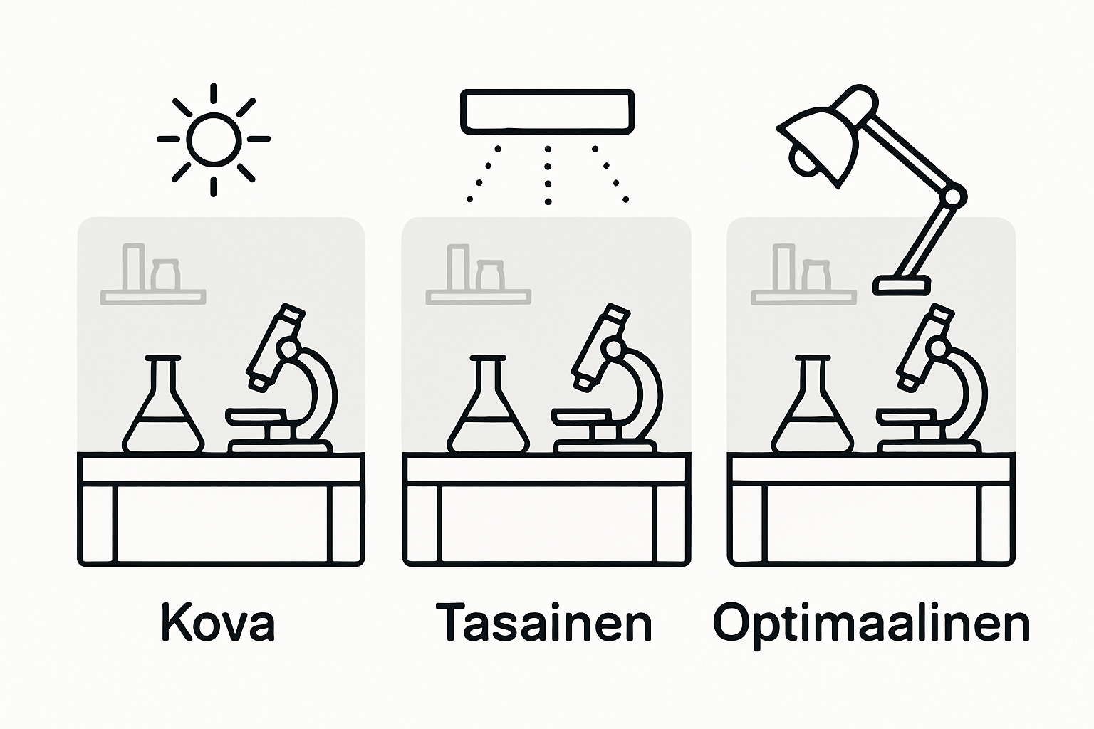 Havainnollistava kuva eri valaistuksen kontrastimenetelmien vertailuun