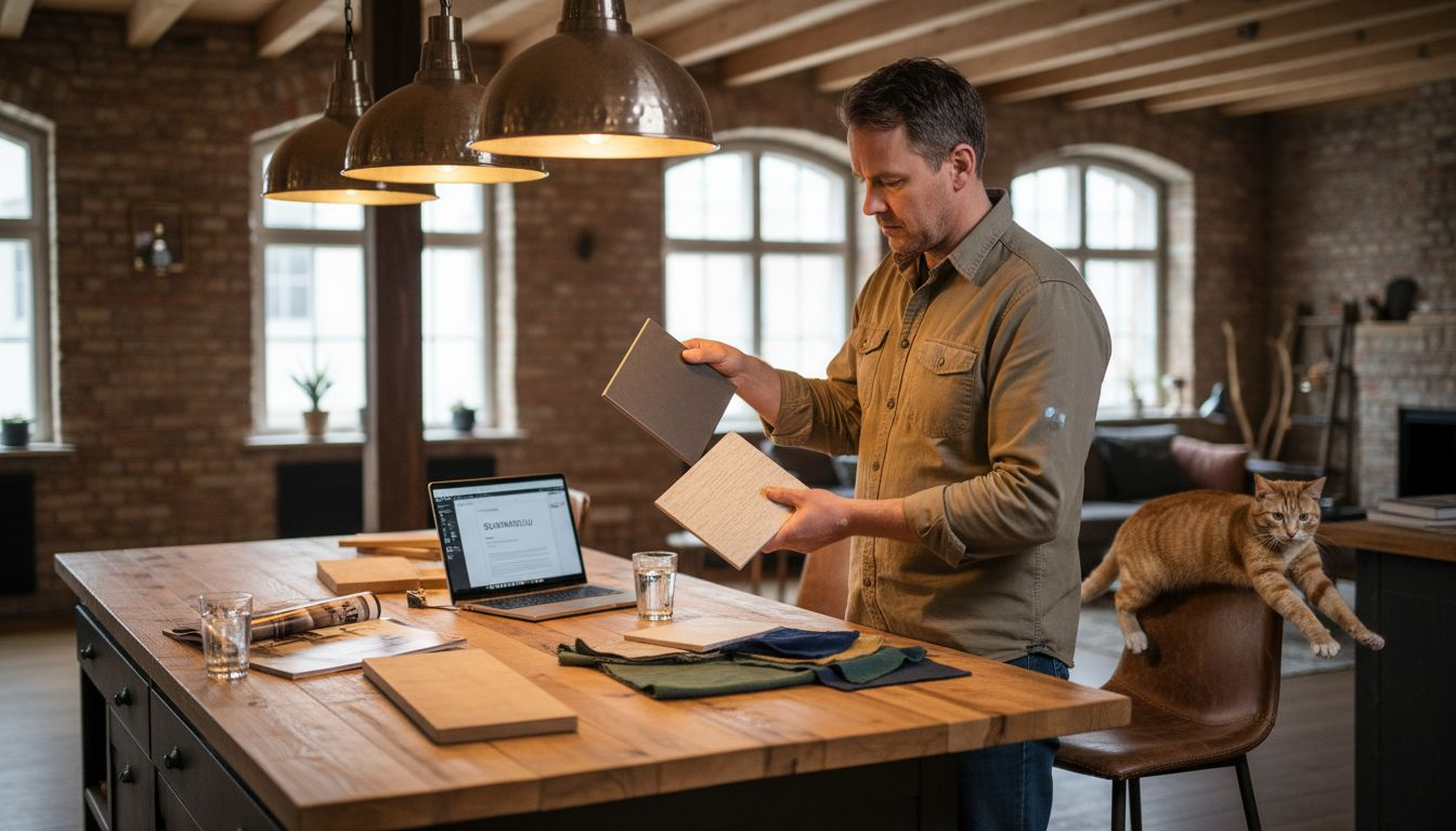 Mies vertailee eri materiaalien ja värien näytteitä