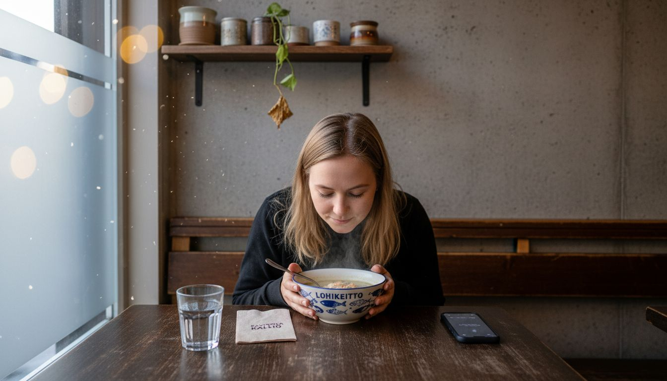 Ruokailija nauttii ravintolan kaikille aisteille suunnatusta tunnelmasta.