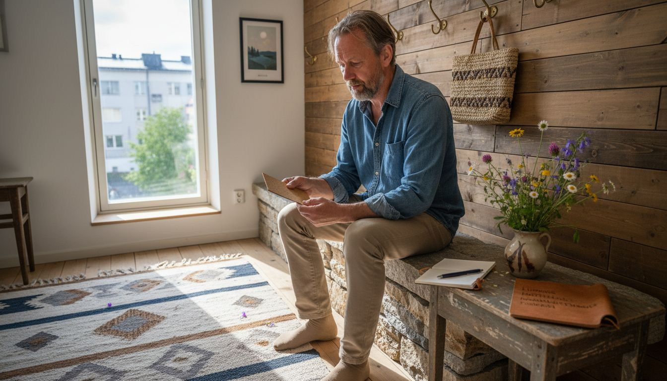 Mies tutkii materiaaleja viihtyisässä lukunurkkauksessa.