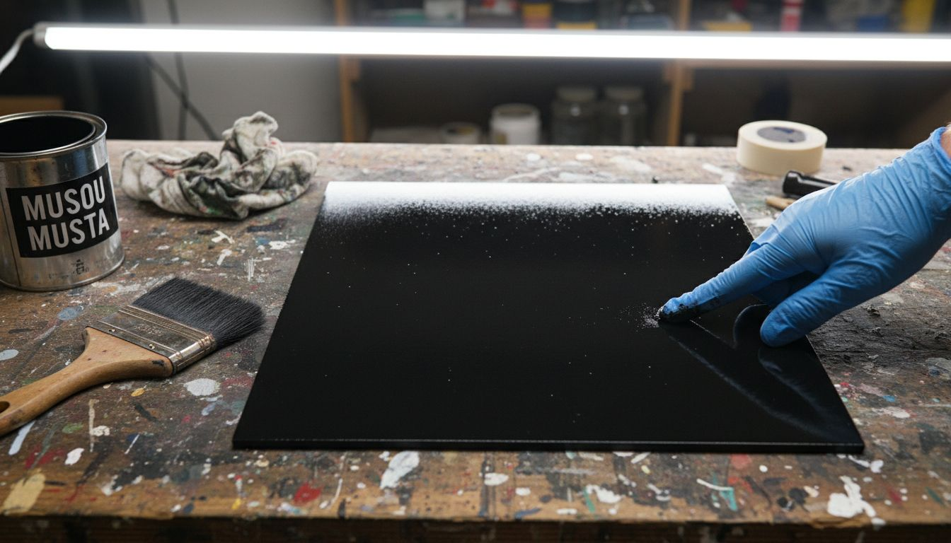 Yksityiskohta Musou Black -mattamustalla maalatusta levystä studiovalaistuksessa