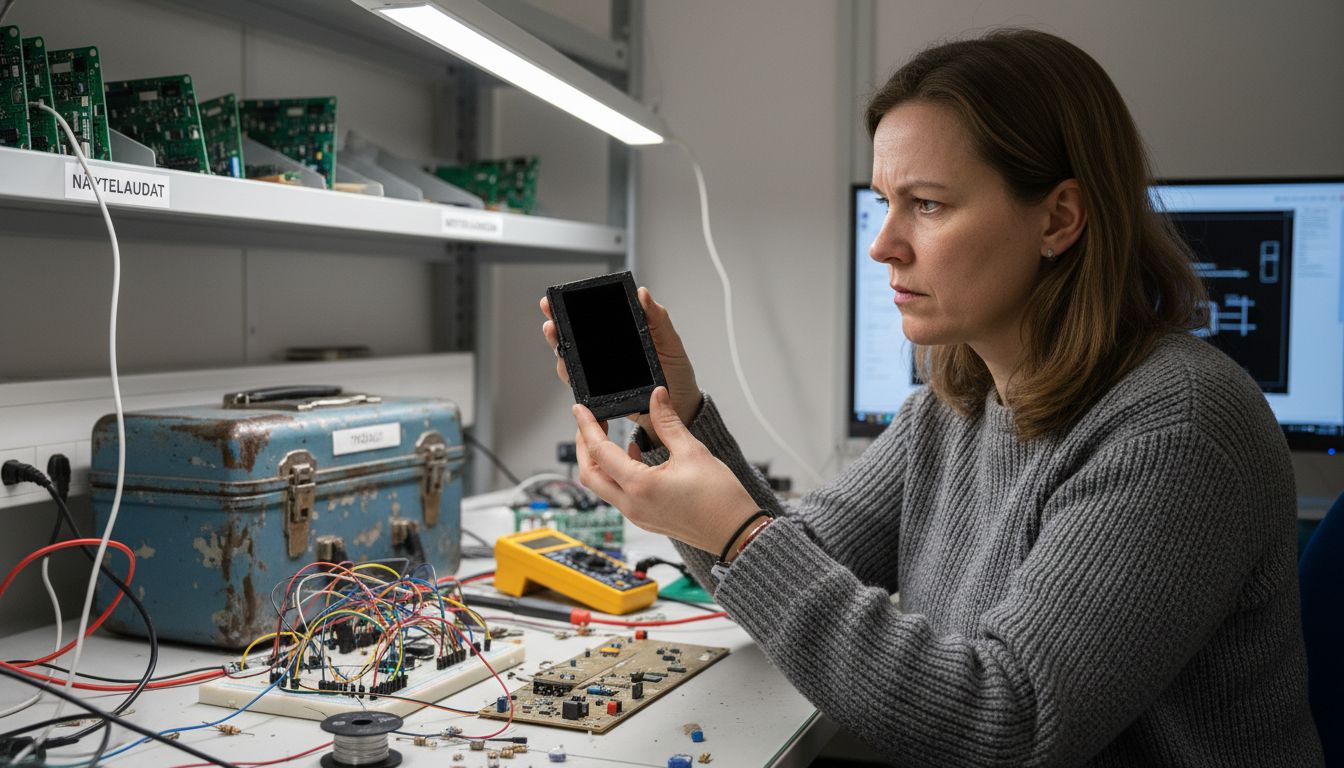 Insinööri mittaamassa ultramustan paneelin heijastavuutta