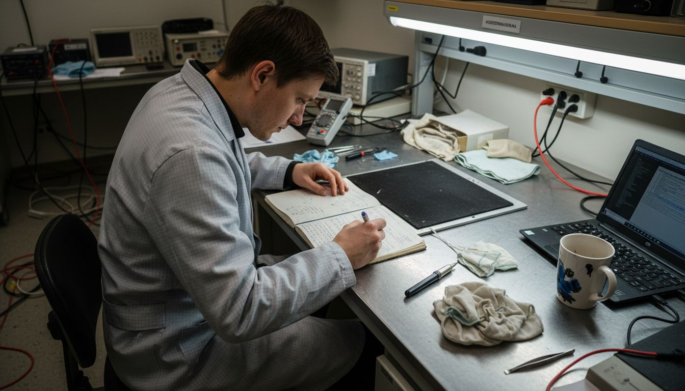 Laboratoriossa asiantuntija tutkii erityisen mustaa materiaalia.