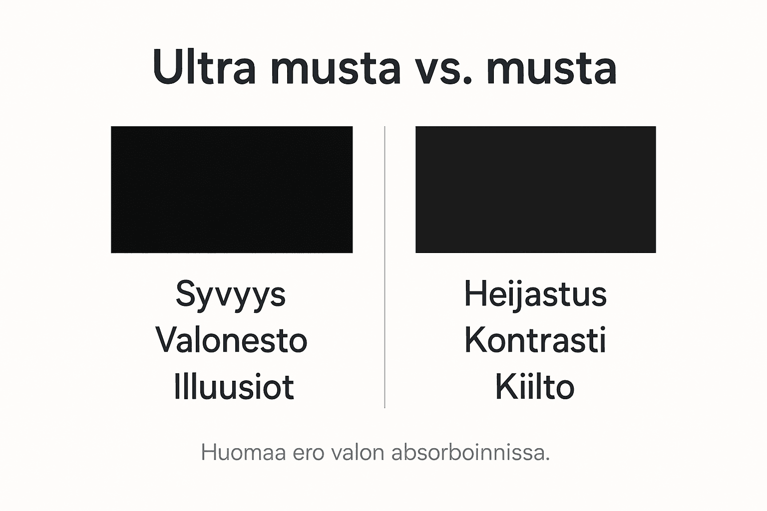 Havainnollistava kuva, jossa vertaillaan ultramustaa ja perinteistä mustaa