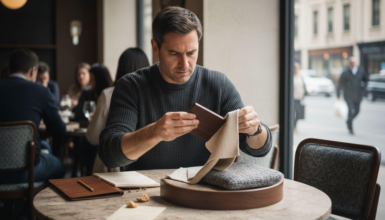 Suunnittelija puntaroi eri ravintoloihin sopivia materiaaleja.