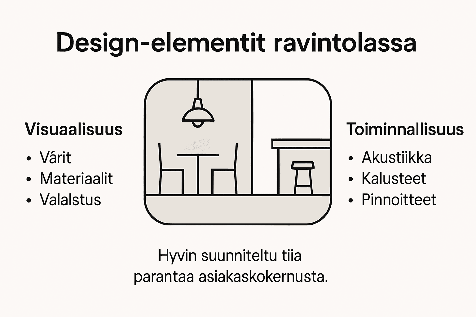 Ravintolan sisustuksen avaintekijät esitettynä infografiikkana