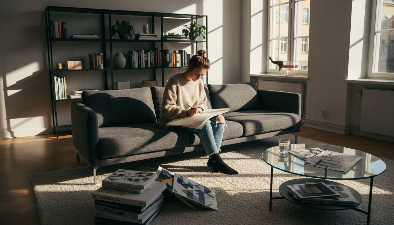 Suunnittelija luonnostelee vahvojen valojen ja varjojen rytmissä