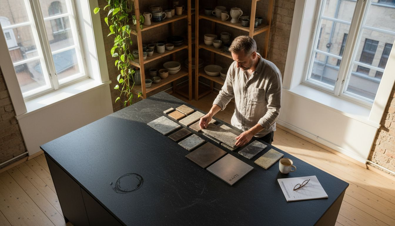 Sisustussuunnittelija aset­telee laatta- ja metallinäytteitä loft-keittiön pöydälle suunnittelutyötä varten.