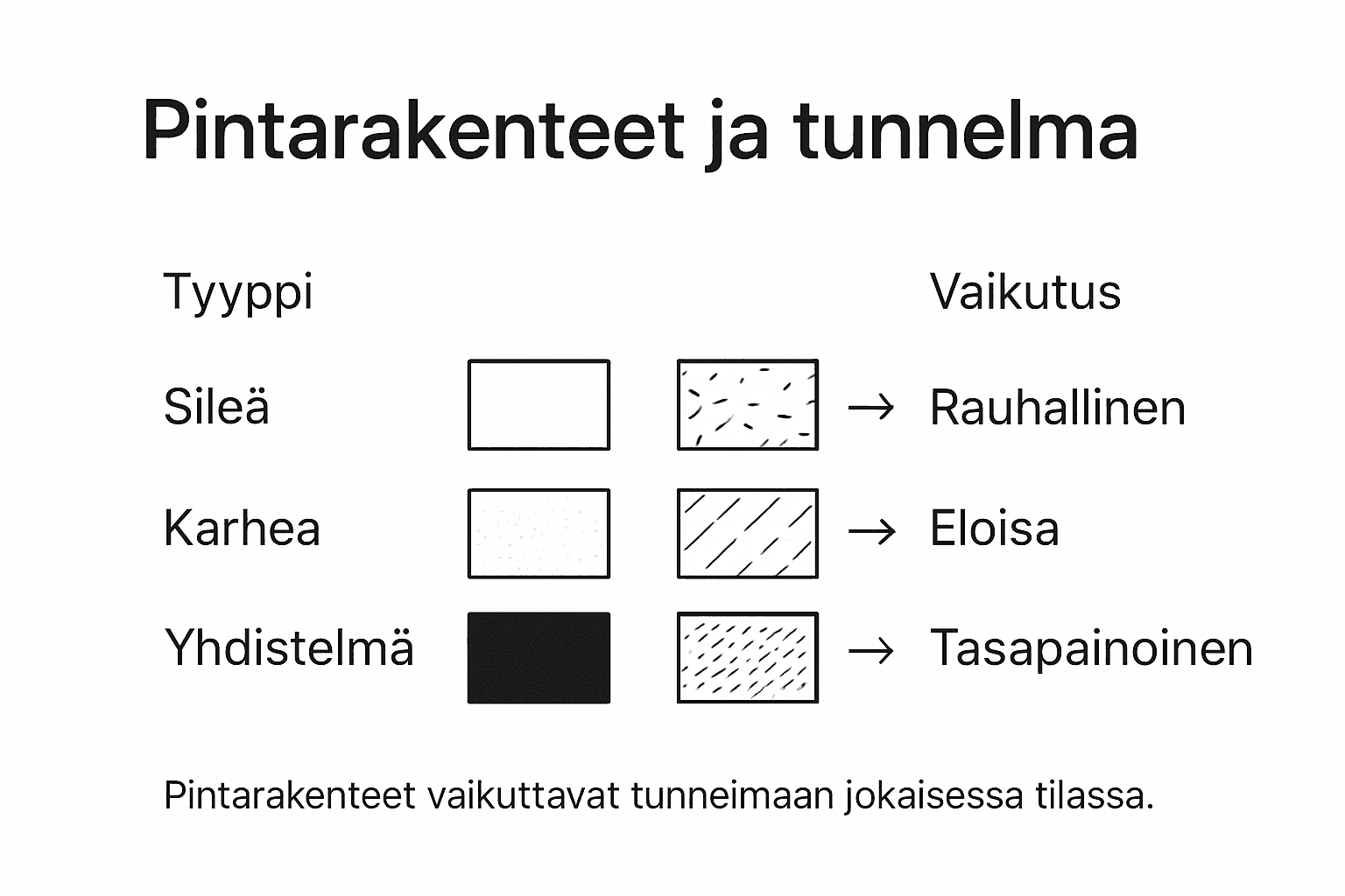 Kuvallinen katsaus pintamateriaaleihin ja tilan tunnelmaan – esimerkit havainnollistavat eri vaihtoehtoja