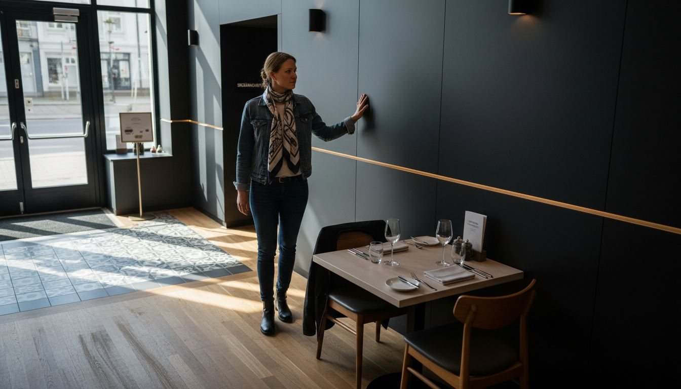 Arkkitehti tutkii ravintolan valaistuksen läheisyydessä käytettyjä seinämateriaaleja.