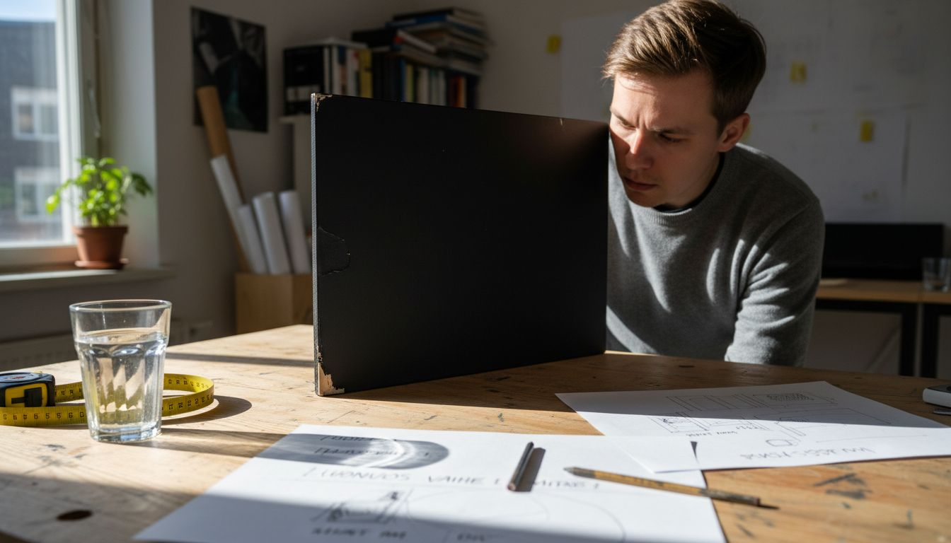 Suunnittelija tarkastelee Musou Black -paneelia studiossa.