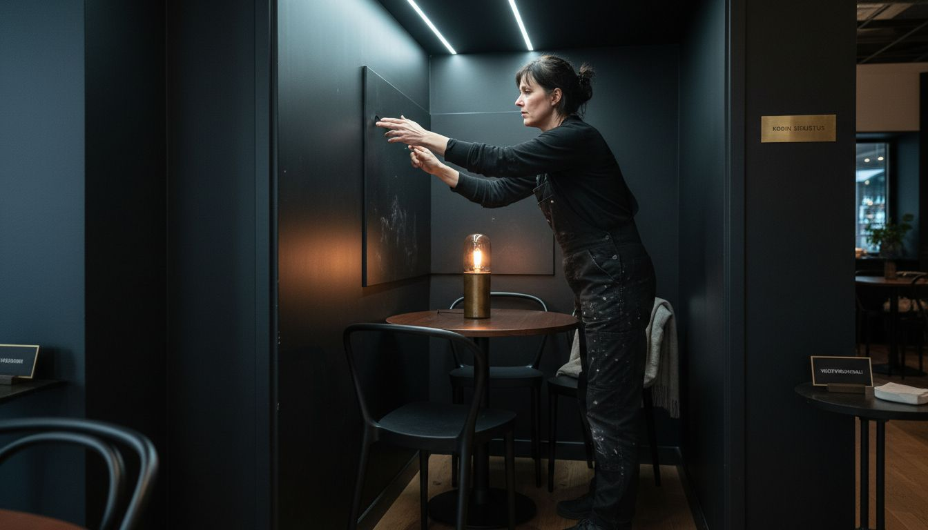 Sisustaja asentaa näyttäviä mustia tehosteseinäpaneeleja.