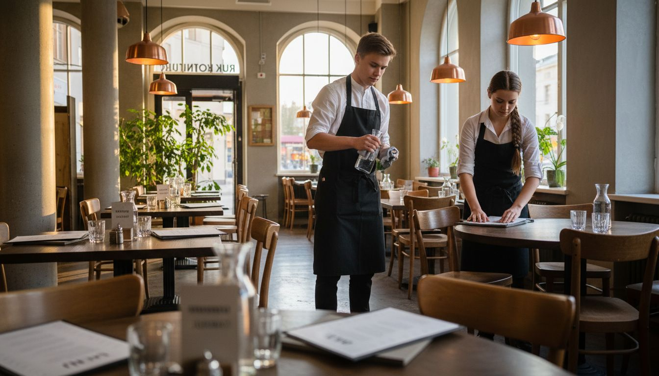 Ruokasalissa henkilökunta kattaa pöytiä, joissa on yhdistelty erilaisia materiaaleja.