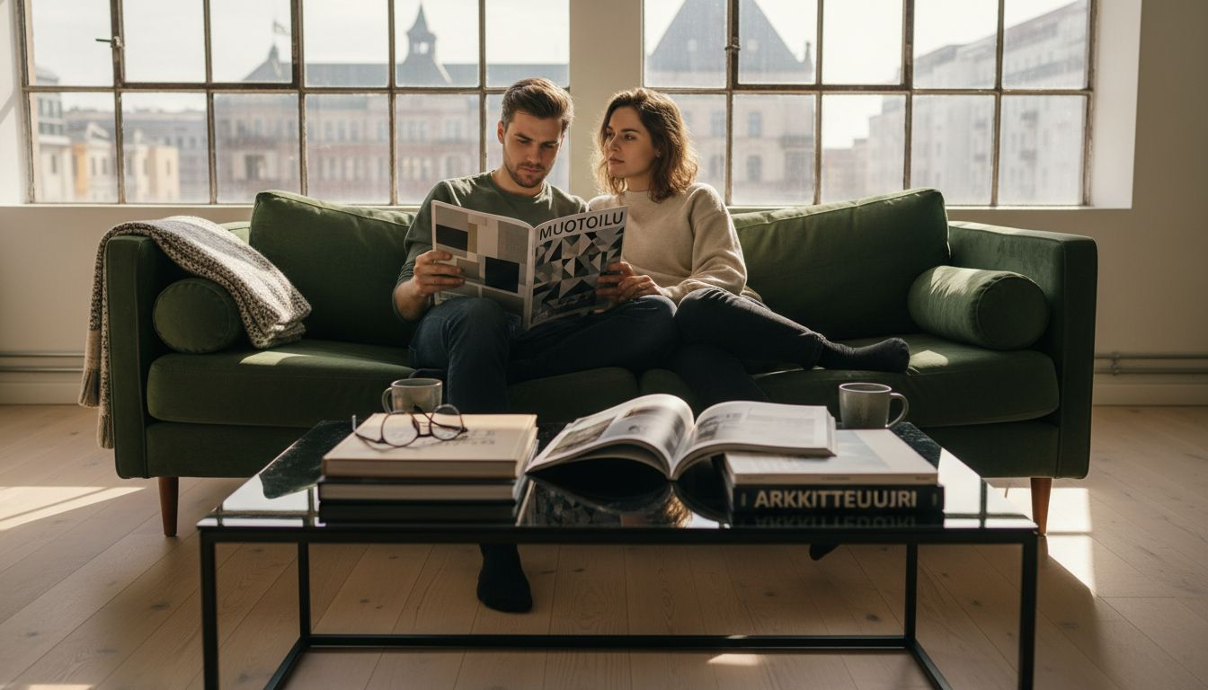 Olohuone, jossa erilaiset materiaalit luovat mielenkiintoisia kontrasteja ja tilan täyttää luonnonvalo.