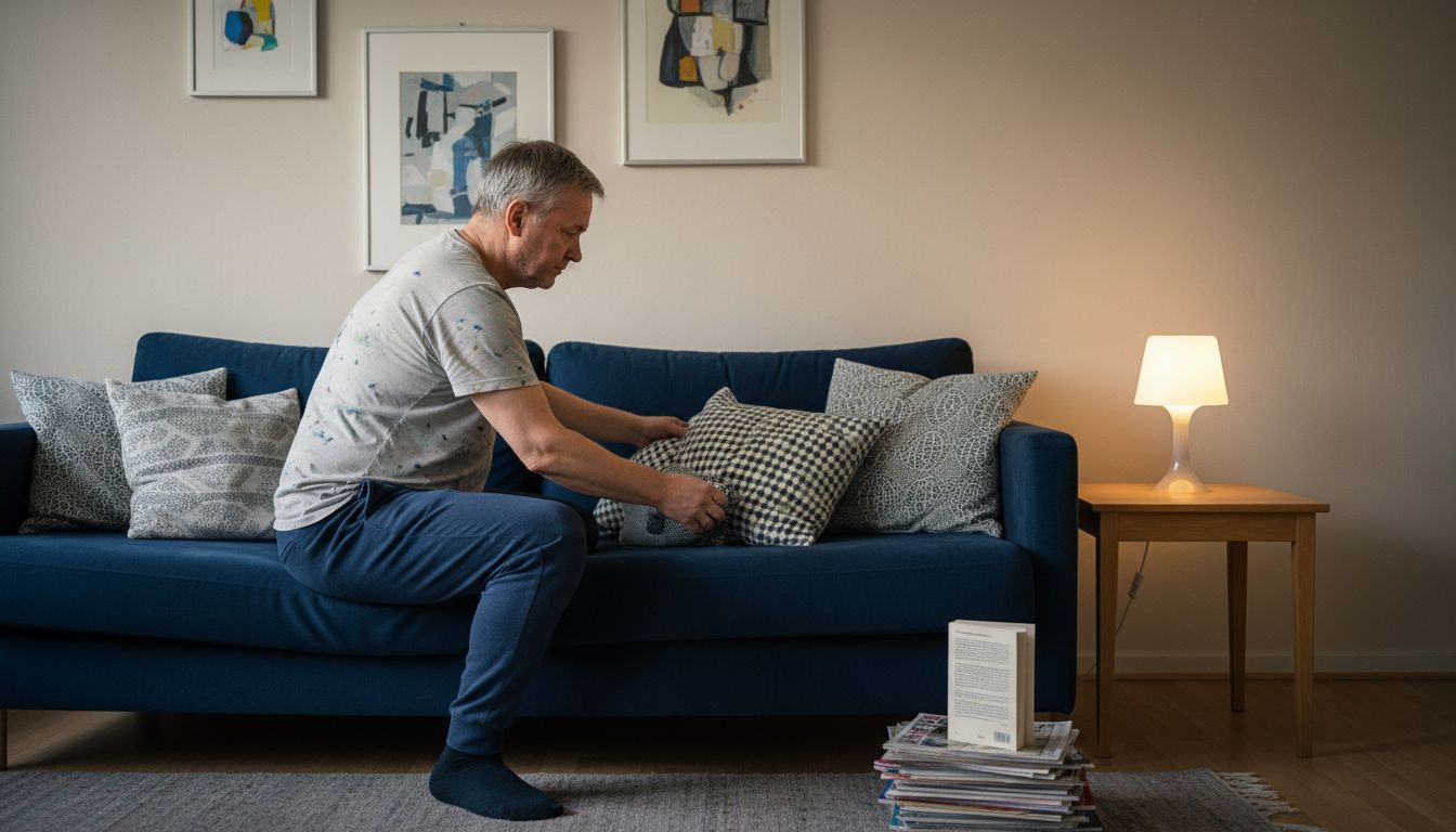 Vaaleat seinät ja tumma sohva luovat tyylikkään kontrastin olohuoneeseen.